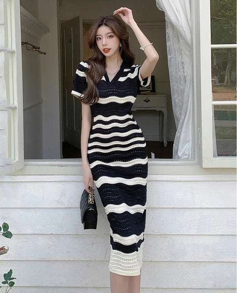 New Summer Knitted Retro Striped Hollow Short Sleeve Midi Dress CODE: KAR2584