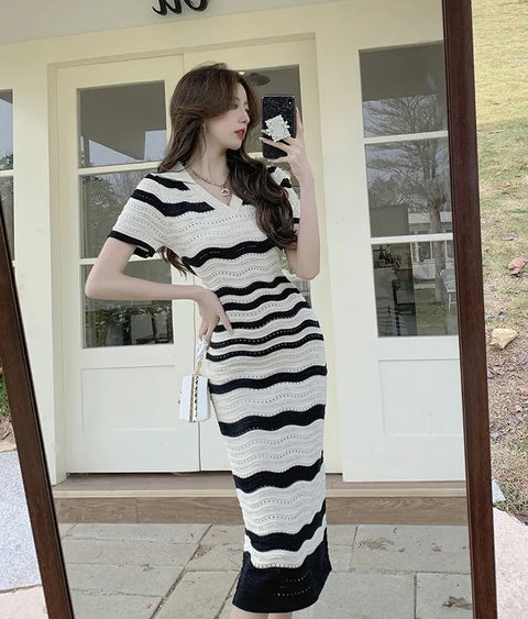 New Summer Knitted Retro Striped Hollow Short Sleeve Midi Dress CODE: KAR2584