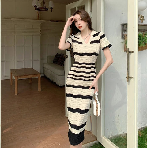 New Summer Knitted Retro Striped Hollow Short Sleeve Midi Dress CODE: KAR2584