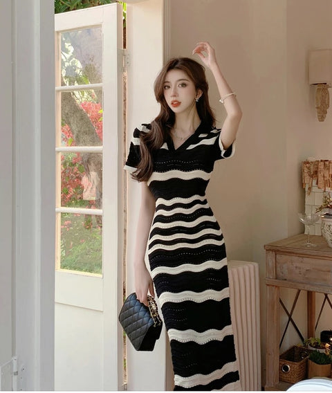 New Summer Knitted Retro Striped Hollow Short Sleeve Midi Dress CODE: KAR2584