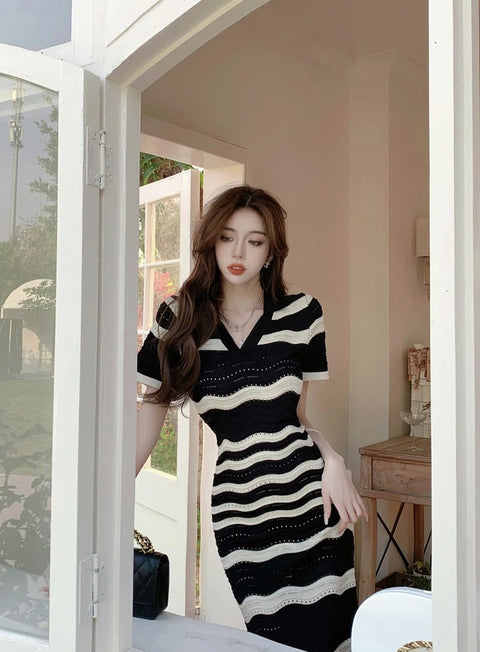 New Summer Knitted Retro Striped Hollow Short Sleeve Midi Dress CODE: KAR2584