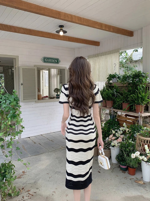 New Summer Knitted Retro Striped Hollow Short Sleeve Midi Dress CODE: KAR2584