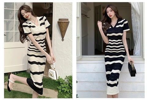 New Summer Knitted Retro Striped Hollow Short Sleeve Midi Dress CODE: KAR2584