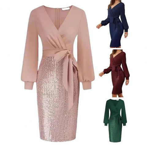 New Sexy Elegant Deep V Neck Long Sleeve Belt Tight Waist Sequin Dress CODE: KAR2588