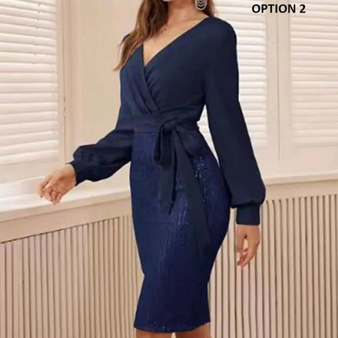 New Sexy Elegant Deep V Neck Long Sleeve Belt Tight Waist Sequin Dress CODE: KAR2588