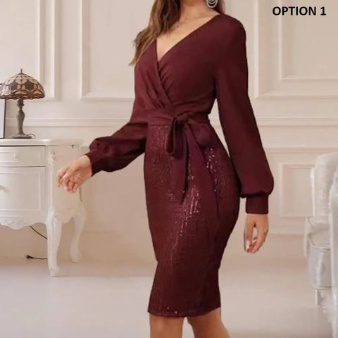 New Sexy Elegant Deep V Neck Long Sleeve Belt Tight Waist Sequin Dress CODE: KAR2588