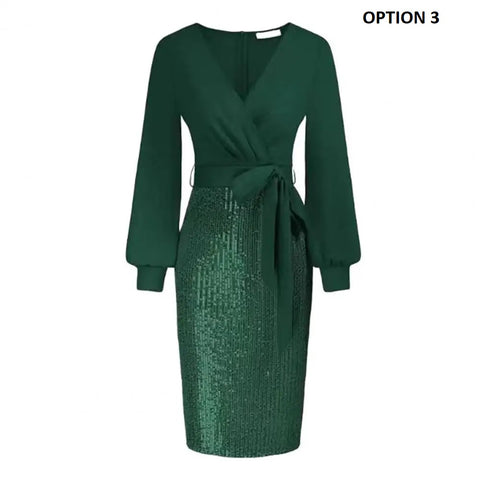 New Sexy Elegant Deep V Neck Long Sleeve Belt Tight Waist Sequin Dress CODE: KAR2588