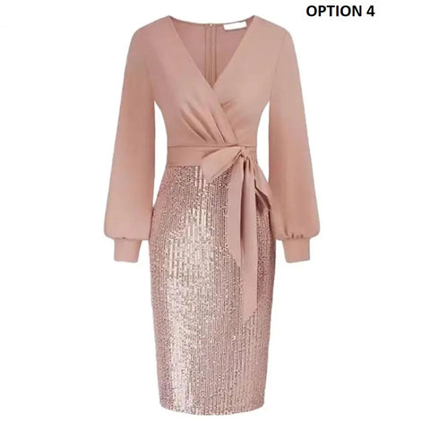 New Sexy Elegant Deep V Neck Long Sleeve Belt Tight Waist Sequin Dress CODE: KAR2588