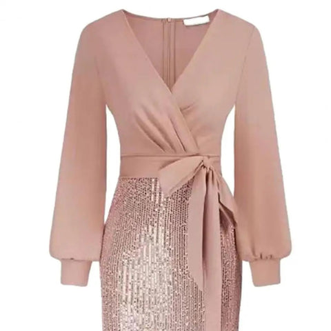New Sexy Elegant Deep V Neck Long Sleeve Belt Tight Waist Sequin Dress CODE: KAR2588