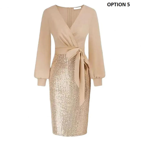 New Sexy Elegant Deep V Neck Long Sleeve Belt Tight Waist Sequin Dress CODE: KAR2588