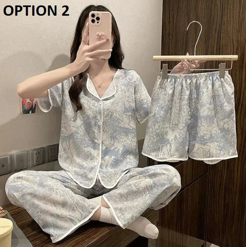 New Satin Long Pant Short 3 Piece Pajama Set CODE: KAR2589