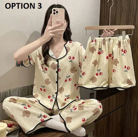 New Satin Long Pant Short 3 Piece Pajama Set CODE: KAR2589
