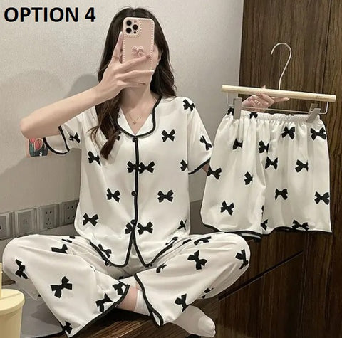 New Satin Long Pant Short 3 Piece Pajama Set CODE: KAR2589