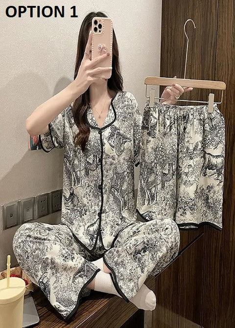 New Satin Long Pant Short 3 Piece Pajama Set CODE: KAR2589