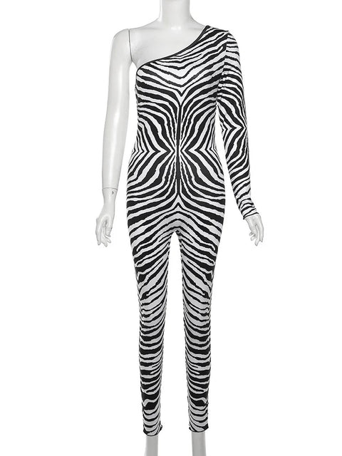 New Autumn Zebra Stripe Tight One Shoulder Jumpsuit CODE: KAR2599