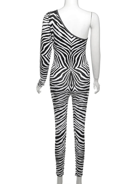 New Autumn Zebra Stripe Tight One Shoulder Jumpsuit CODE: KAR2599