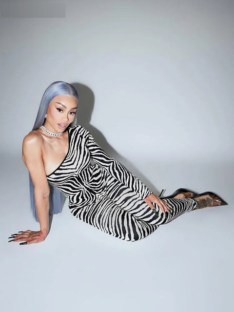 New Autumn Zebra Stripe Tight One Shoulder Jumpsuit CODE: KAR2599