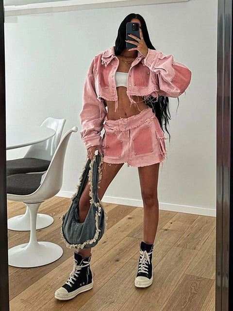 New Autumn Hipster Single Breasted Lapel Long Sleeve Crop Jacket Set CODE: KAR2603