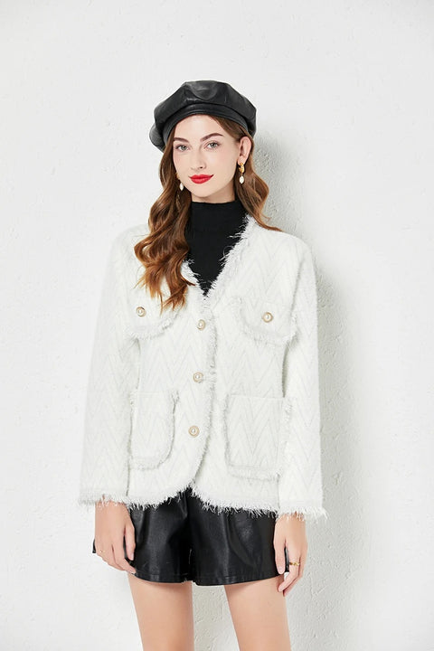 New Fashion Casual Autumn Winter Loose Tassel Panel V-Neck Button Thickened Jacket CODE: KAR2611