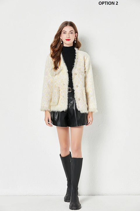 New Fashion Casual Autumn Winter Loose Tassel Panel V-Neck Button Thickened Jacket CODE: KAR2611