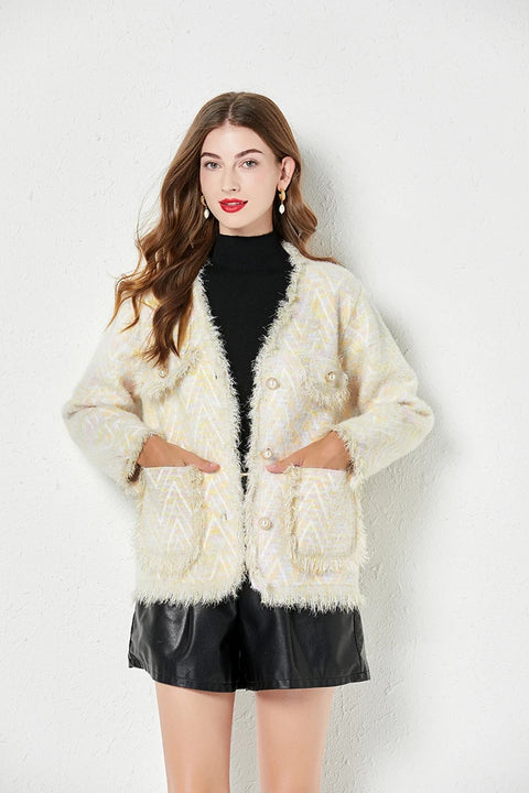 New Fashion Casual Autumn Winter Loose Tassel Panel V-Neck Button Thickened Jacket CODE: KAR2611