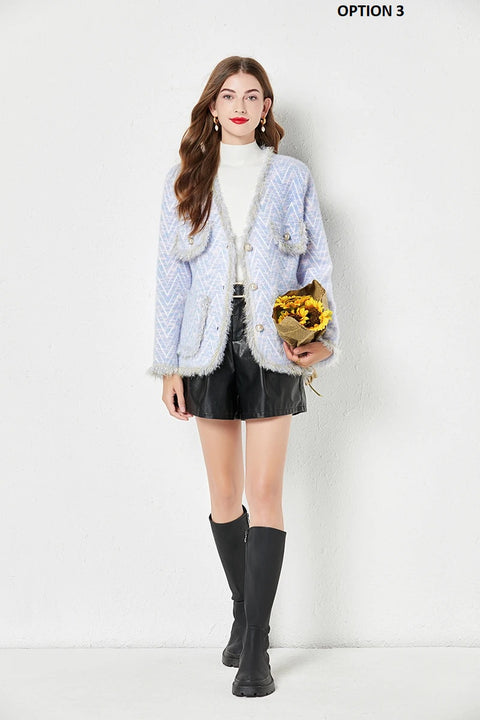 New Fashion Casual Autumn Winter Loose Tassel Panel V-Neck Button Thickened Jacket CODE: KAR2611