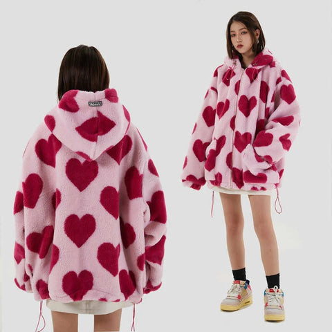 New Heart Full Print Plush Loose Long Sleeve Jacket CODE: KAR2615