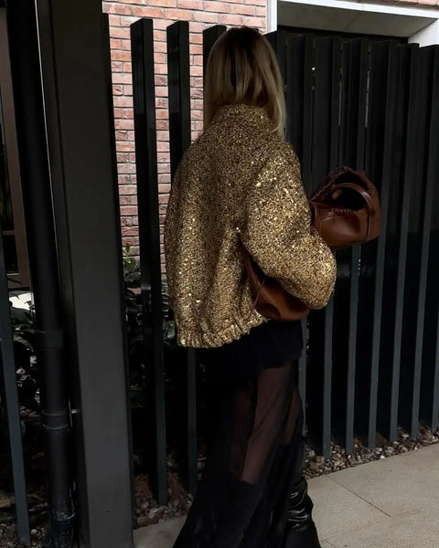 New Fashion Sequin O-neck Covered Button Long Sleeve Loose Elegant Short Jacket CODE: KAR2617