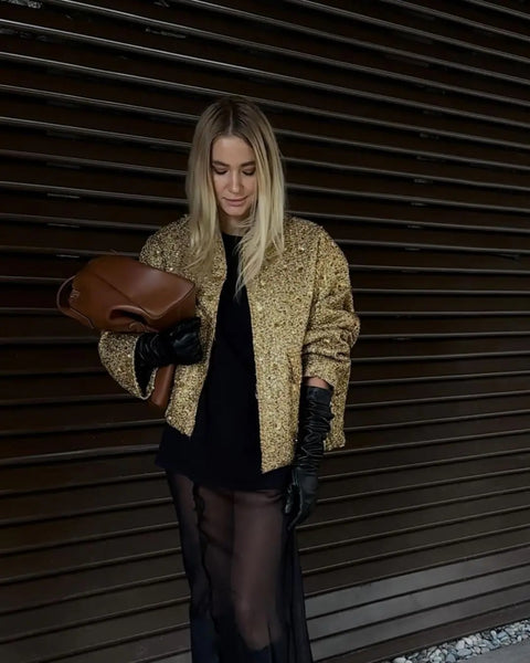 New Fashion Sequin O-neck Covered Button Long Sleeve Loose Elegant Short Jacket CODE: KAR2617