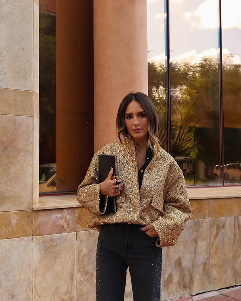 New Fashion Sequin O-neck Covered Button Long Sleeve Loose Elegant Short Jacket CODE: KAR2617