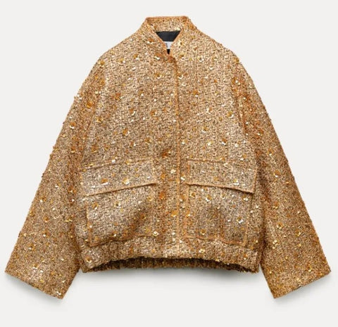 New Fashion Sequin O-neck Covered Button Long Sleeve Loose Elegant Short Jacket CODE: KAR2617