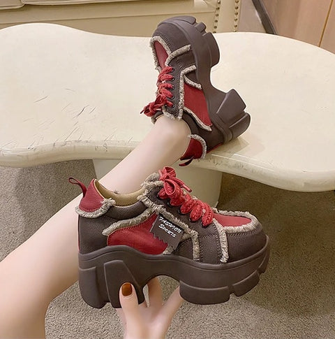 New Platform Sneakers Autumn Color-blocked Vulcanized Elevated Thick-soled Lace-up Shoe CODE: KAR2628