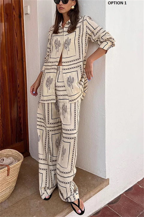 New Geometric Print Loose Long Sleeve Turn-down Collar Top and Elastic Straight Pant CODE: KAR2630