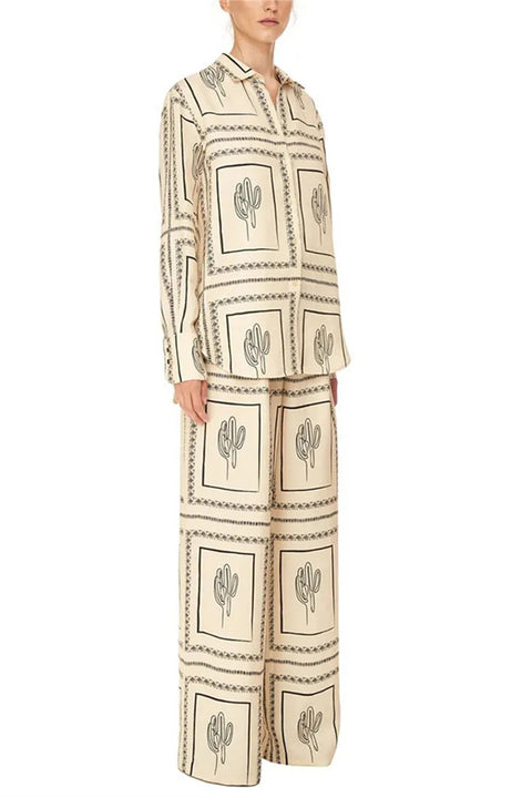 New Geometric Print Loose Long Sleeve Turn-down Collar Top and Elastic Straight Pant CODE: KAR2630