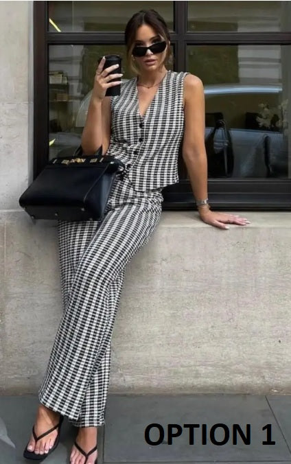 New Fashion V Neck Button Cropped Sleeveless Coat Texture Vest Set CODE: KAR2641