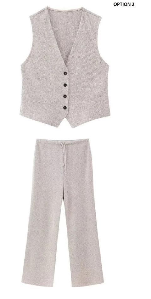 New Fashion V Neck Button Cropped Sleeveless Coat Texture Vest Set CODE: KAR2641