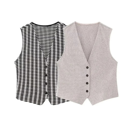 New Fashion V Neck Button Cropped Sleeveless Coat Texture Vest Set CODE: KAR2641