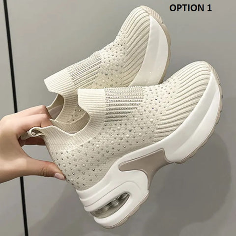 New Rhinestone Breathable Mesh Thick Bottom Sneakers Round Head Solid Shoe CODE: KAR2642