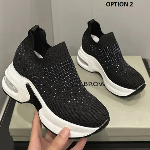 New Rhinestone Breathable Mesh Thick Bottom Sneakers Round Head Solid Shoe CODE: KAR2642