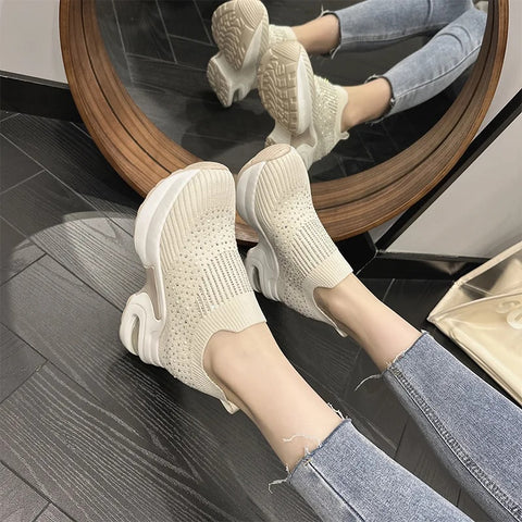 New Rhinestone Breathable Mesh Thick Bottom Sneakers Round Head Solid Shoe CODE: KAR2642