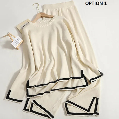 New Elegant O-neck Long Sleeve Side Slit Pullover Sweater + wide Leg Pants 2 Piece Set CODE: KAR2643