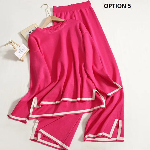 New Elegant O-neck Long Sleeve Side Slit Pullover Sweater + wide Leg Pants 2 Piece Set CODE: KAR2643
