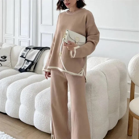 New Elegant O-neck Long Sleeve Side Slit Pullover Sweater + wide Leg Pants 2 Piece Set CODE: KAR2643
