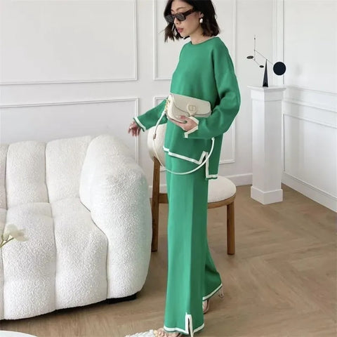 New Elegant O-neck Long Sleeve Side Slit Pullover Sweater + wide Leg Pants 2 Piece Set CODE: KAR2643