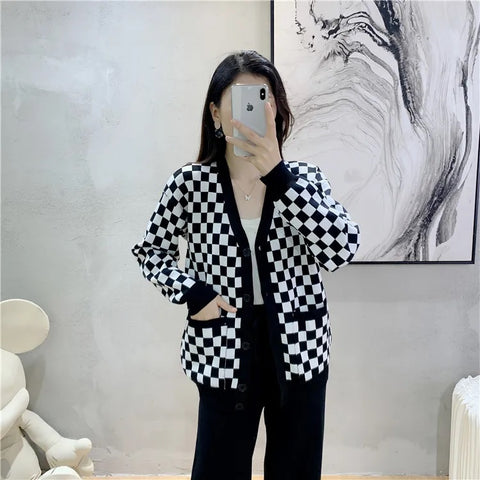 New Autumn Casual Fashion Plaid Long Sleeve Knitwear + Wide Leg Pants 2 Piece Set CODE: KAR2644