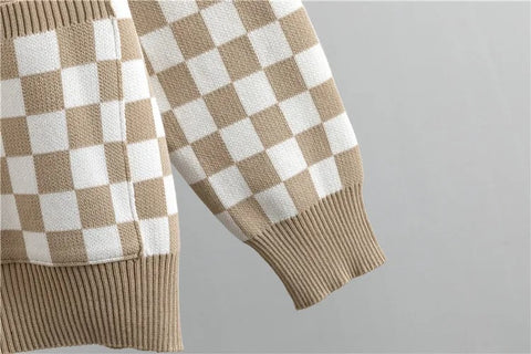 New Autumn Casual Fashion Plaid Long Sleeve Knitwear + Wide Leg Pants 2 Piece Set CODE: KAR2644