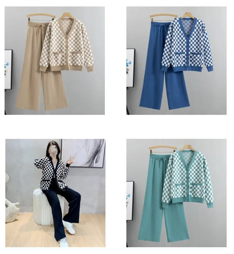 New Autumn Casual Fashion Plaid Long Sleeve Knitwear + Wide Leg Pants 2 Piece Set CODE: KAR2644