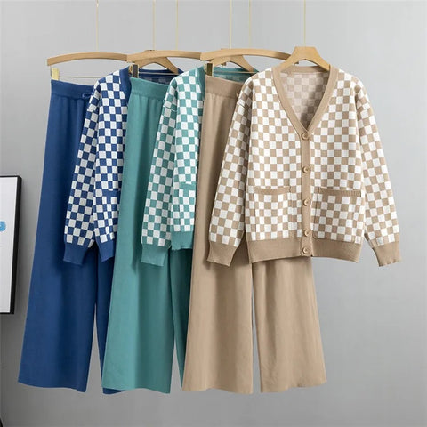 New Autumn Casual Fashion Plaid Long Sleeve Knitwear + Wide Leg Pants 2 Piece Set CODE: KAR2644