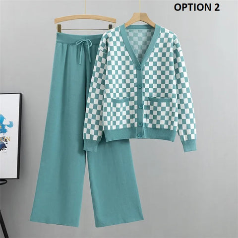 New Autumn Casual Fashion Plaid Long Sleeve Knitwear + Wide Leg Pants 2 Piece Set CODE: KAR2644