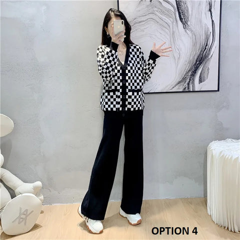 New Autumn Casual Fashion Plaid Long Sleeve Knitwear + Wide Leg Pants 2 Piece Set CODE: KAR2644